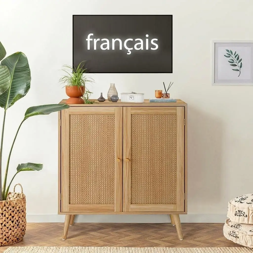 Modern Rattan Sideboard Buffet Cabinet - Adjustable Shelves, Durable Wood Legs, Small Accent Storage Credenza for Kitchen, Dining Room, Living Room, Entryway