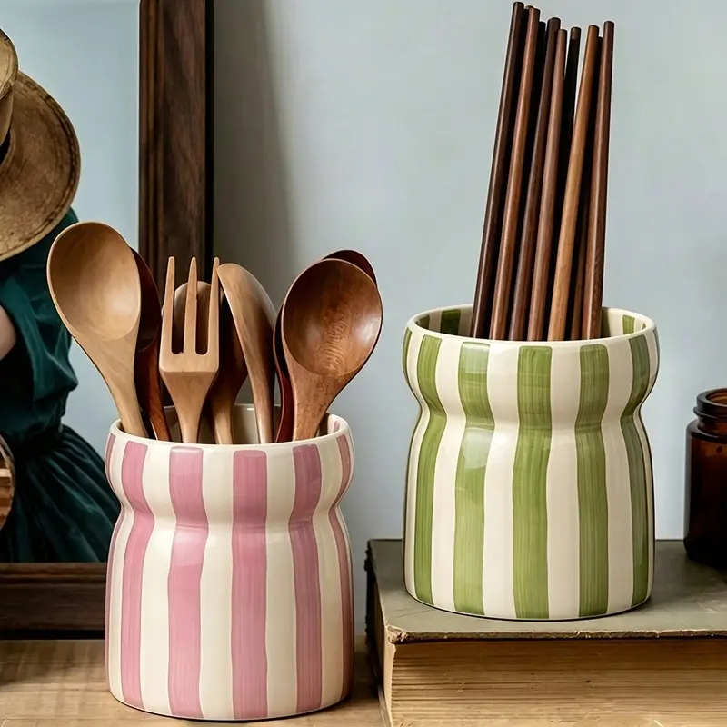 Ceramic Striped Storage Jar, Cute Countertop Utensil Holder for Kitchen, Dorm Room, Desk, Dining Table and Home Organization, Back to School and Housewarming Gift