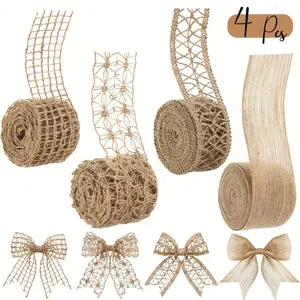 4 volumes of natural hemp rope mesh belt-1.97 inches in width, woven ribbons for DIY crafts, wedding decoration and home decoration, with earthy beige texture patterns, suitable for holiday parties and gift packages, handmade materials.