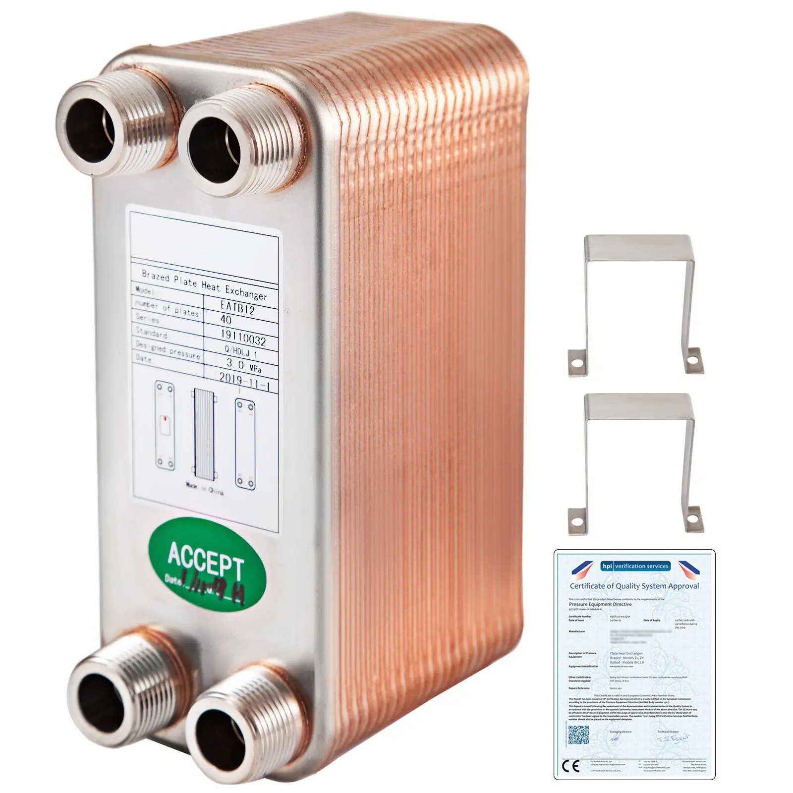 VEVOR Heat Exchanger 3x7.5 40 Plates Brazed Plate Heat Exchanger 316L 3/4 MPT Heat Exchanger B3-12A Beer Wort Chiller for Hydronic Heating