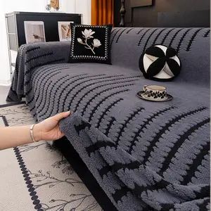 1 pc Thick Double-sided Sherpa Fleece Sofa Throw, 3D Wave Jacquard Full Wrap Sofa Cover, Non-slip Dust & Cat Scratch Resistant Couch Protector Blanket