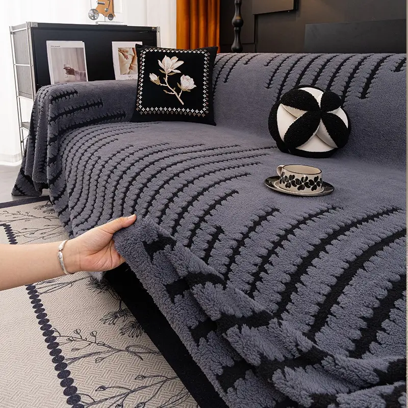1 pc Thick Double-sided Sherpa Fleece Sofa Throw, 3D Wave Jacquard Full Wrap Sofa Cover, Non-slip Dust & Cat Scratch Resistant Couch Protector Blanket