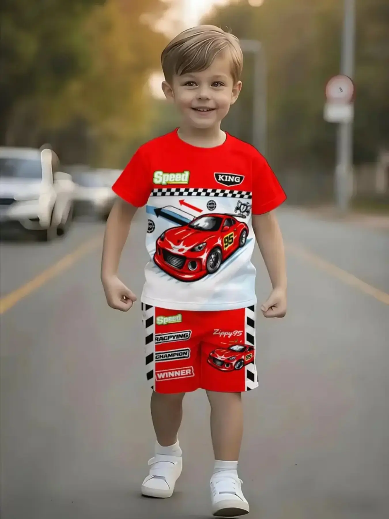 Boys' Racing Theme Graphic Set, Casual Slim-Fitting Two-Piece, Breathable and Comfortable, Perfect for Everyday Wear