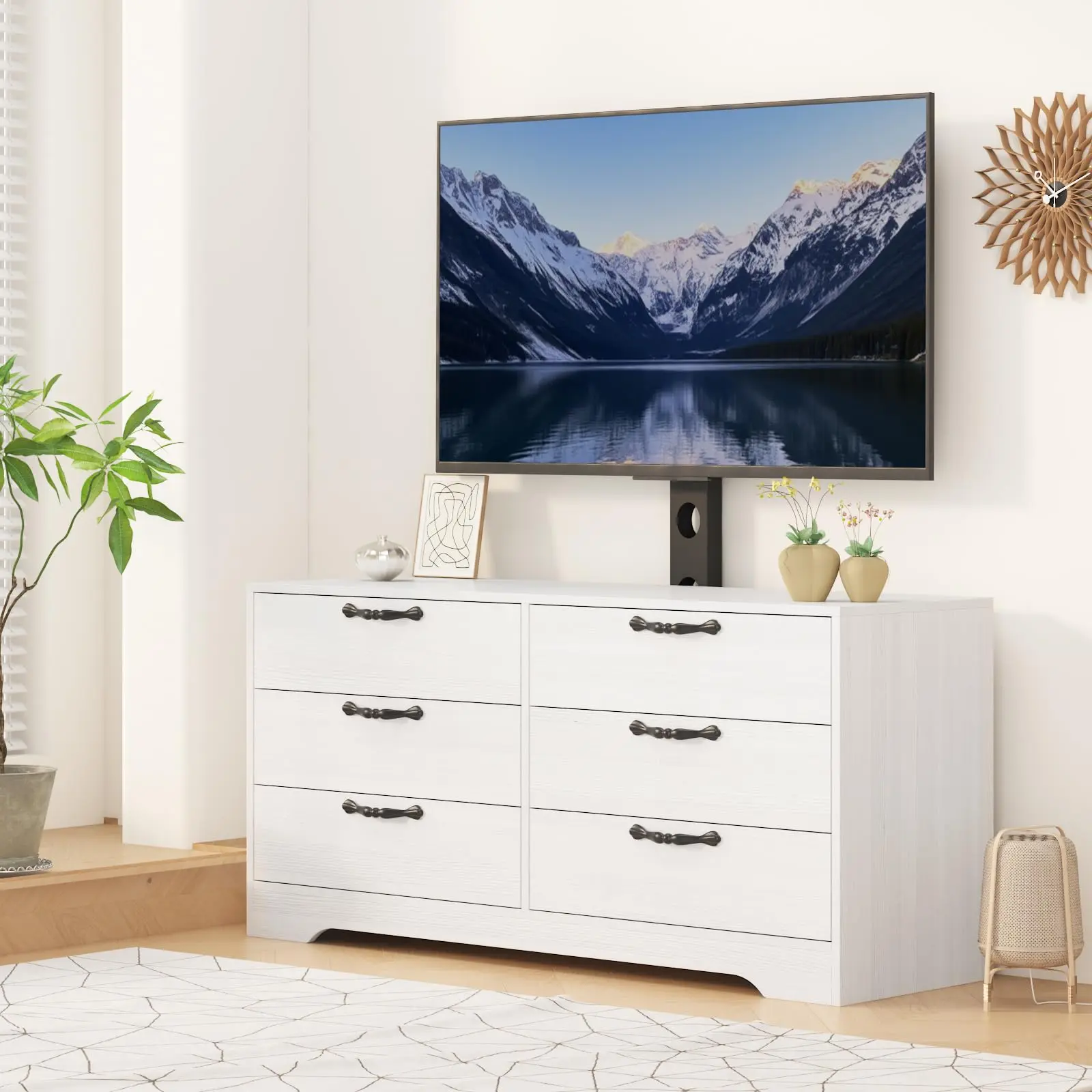 Garvee Modern TV Stand with Mount – 63 Inch Media Console – 6 Drawers – Adjustable Height – Sturdy MDF Entertainment Center for Living Room, Bedroom, Office