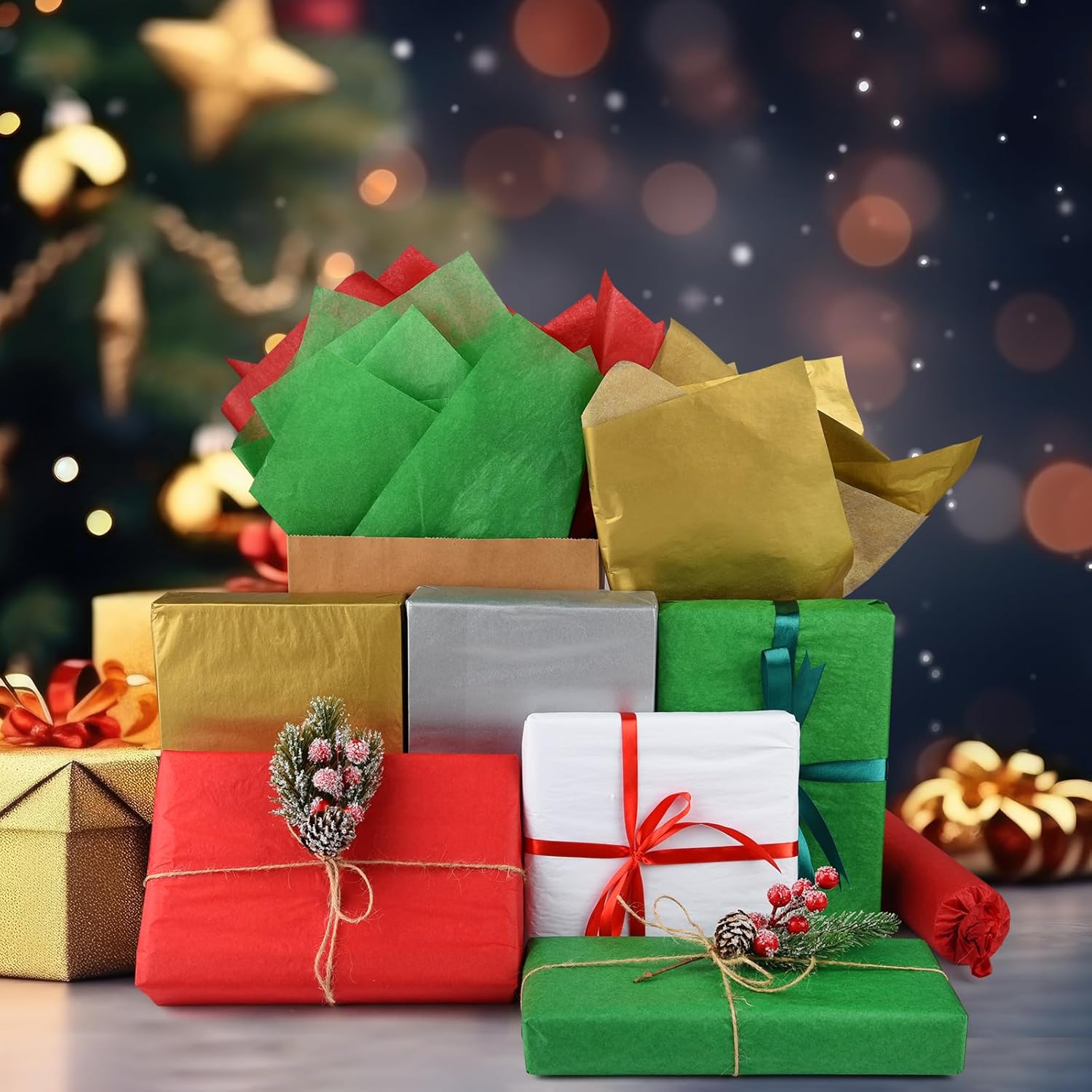 100 Sheets Christmas Tissue Paper Bulk 20 x 14.5 inches  Wrapping Paper for Flower Artworks Crafts Holiday Party Decoration (Red, Green, White,)