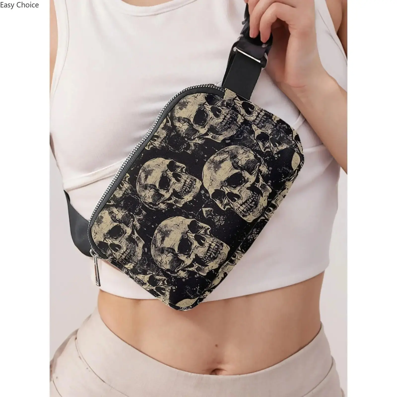Women's Skull Print Belt Bag, Large Capacity Zipper Fanny Pack, Lightweight Adjustable‑Strap Crossbody Sling Waist Bag for Travel, Concert, Festival, Streetwear & Everyday Shopping