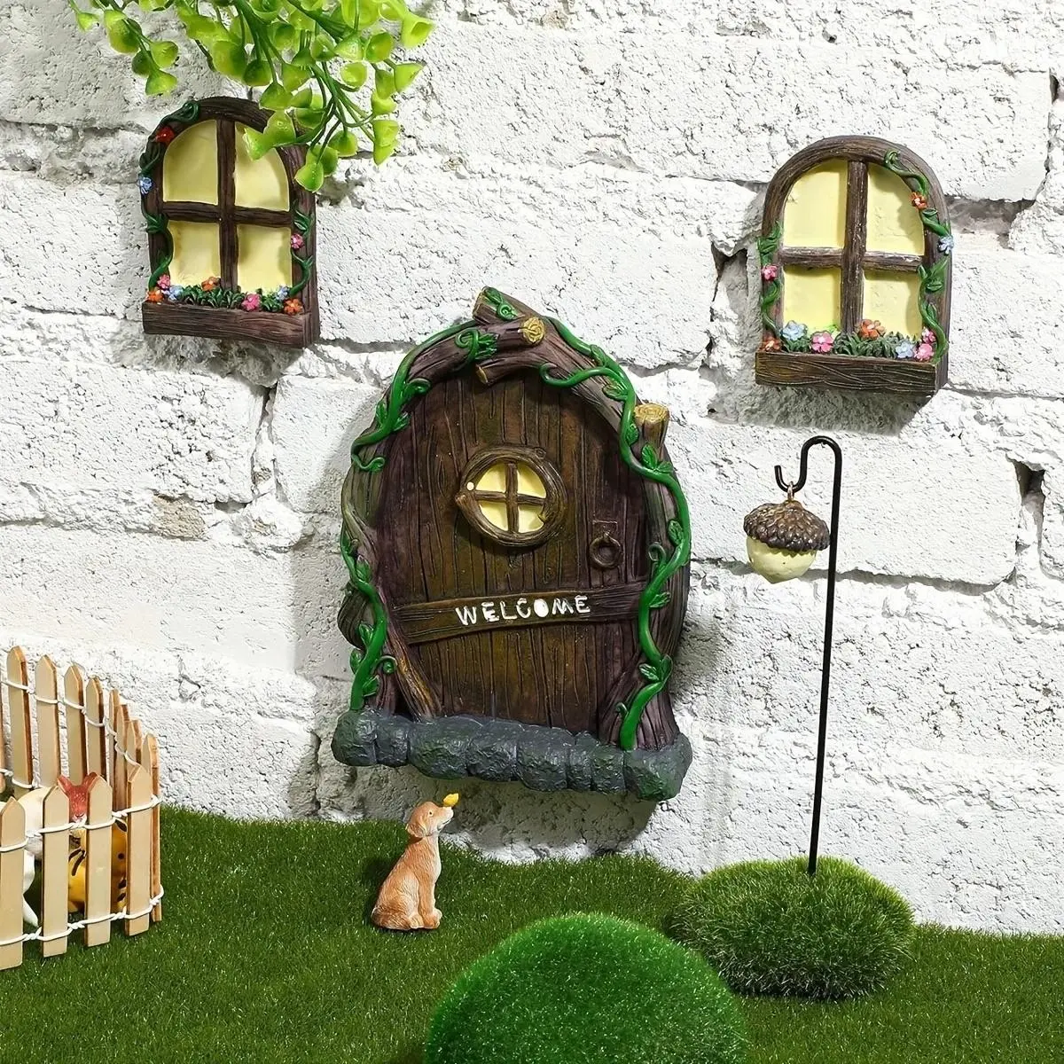 4pcs Fairy Dwarf Family Window and Welcome Door with Fairy Lantern, Fluorescent Decorative Outdoor Patio Art Sculpture Decoration Resin Sculptures for Children's Rooms, Walls and Trees, Outdoor Decor Accessories