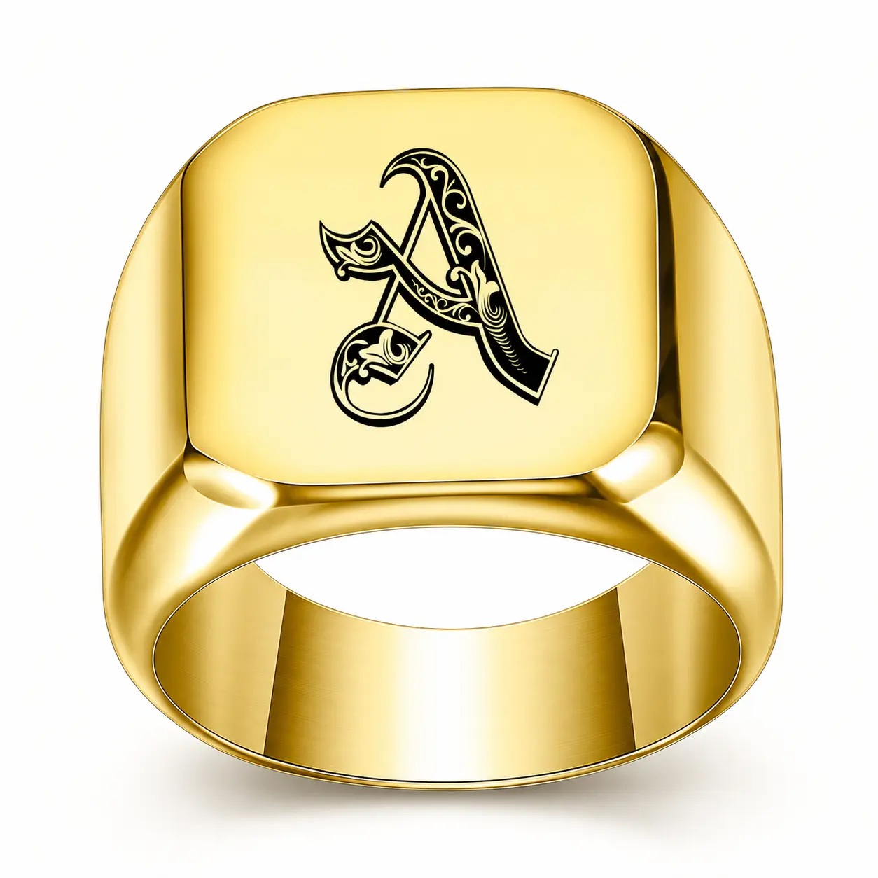 Adult's A-Z Initial Gold-Tone Stainless Steel Square Signet Ring, Personalized Letter Fashion Jewelry Accessory, Statement Gift, Accessories Adults