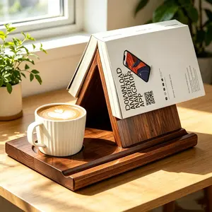 Wooden Book Stand for Reading, All-in-One Desk Organizer with Mug Groove & Small Storage Slot, Ergonomic Cookbook Stand for Recipe Book Tablet E-Reader, Retro Home Decor for Office Nightstand, Farmhouse Wooden Reading Caddy, Gift for Book Lovers