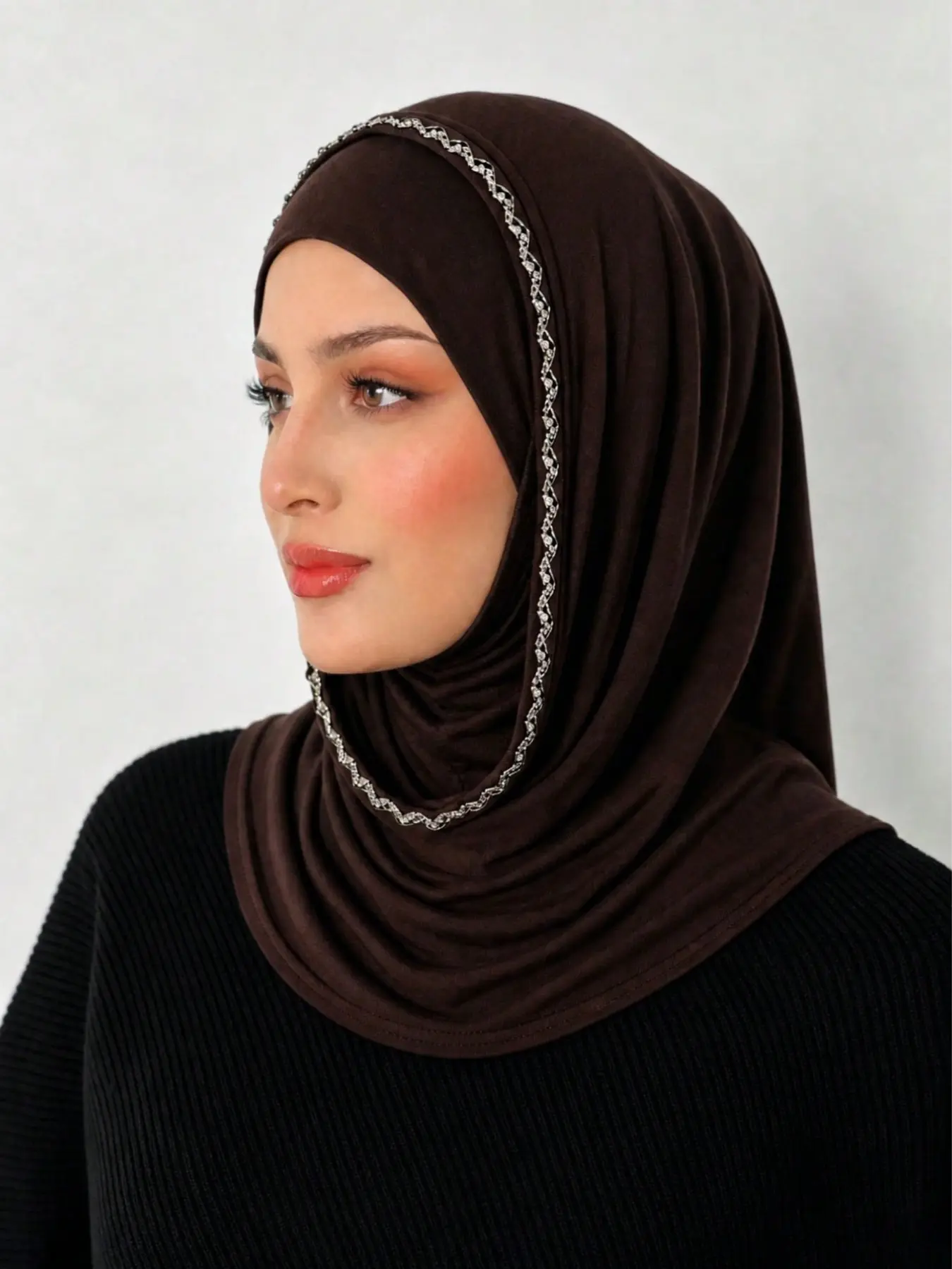 1pc Rhinestone Headscarf Mask, Elastic Knit Wrap Headband, Lightweight and Stretchy, Modest Instant Hijab, Muslim Headscarf Cover, Muslim, Ideal for Prayer, Travel, Work, Daily Wear
