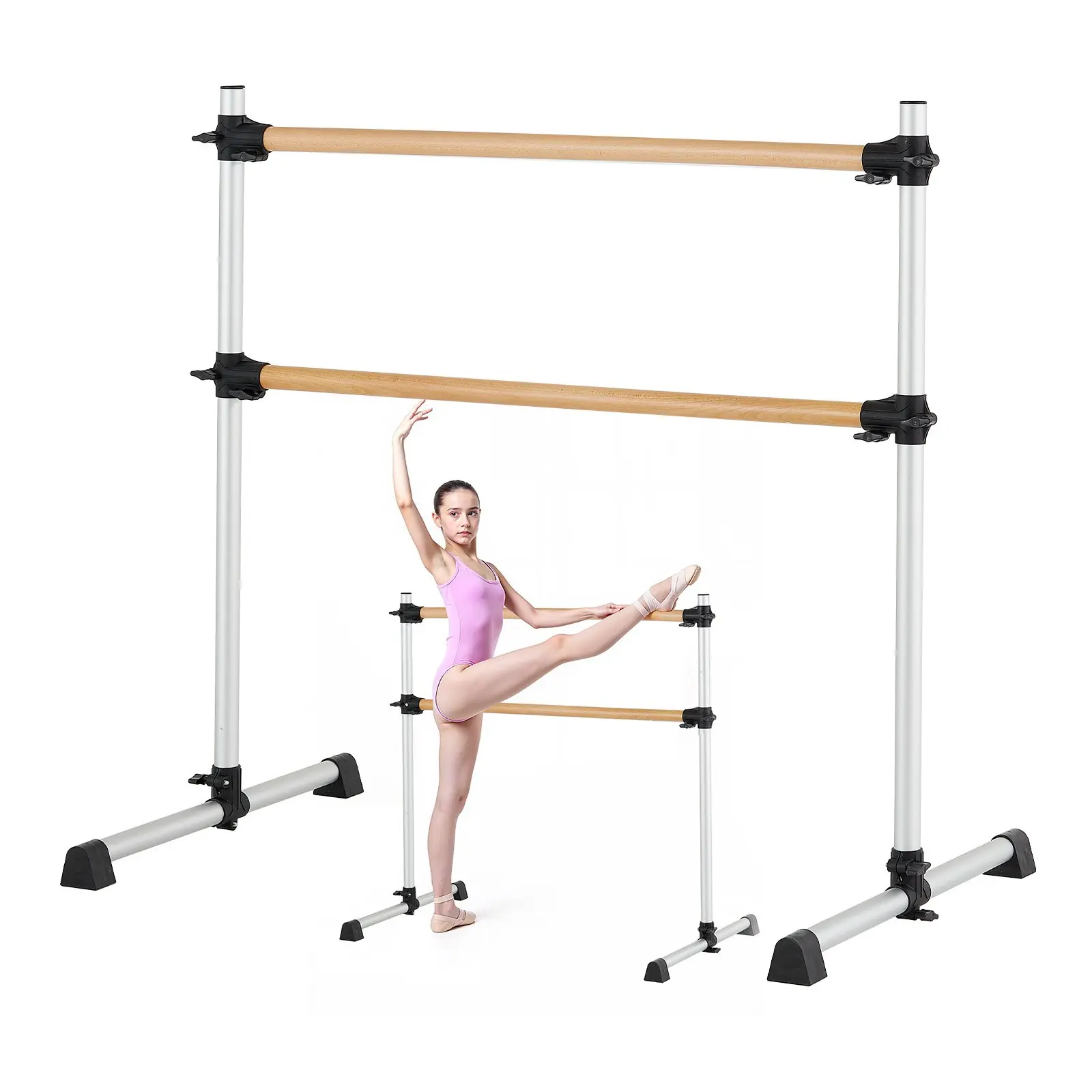 【DealsForYouDays】VEVOR Ballet Barre, 4 Ft Double Beechwood Barre Bar for Home, Freestanding Portable Ballet Stretching Dance Bars, Height Adjustable Anti-Wobble Fitness Gym Equipment, for Pilates Balance Workout