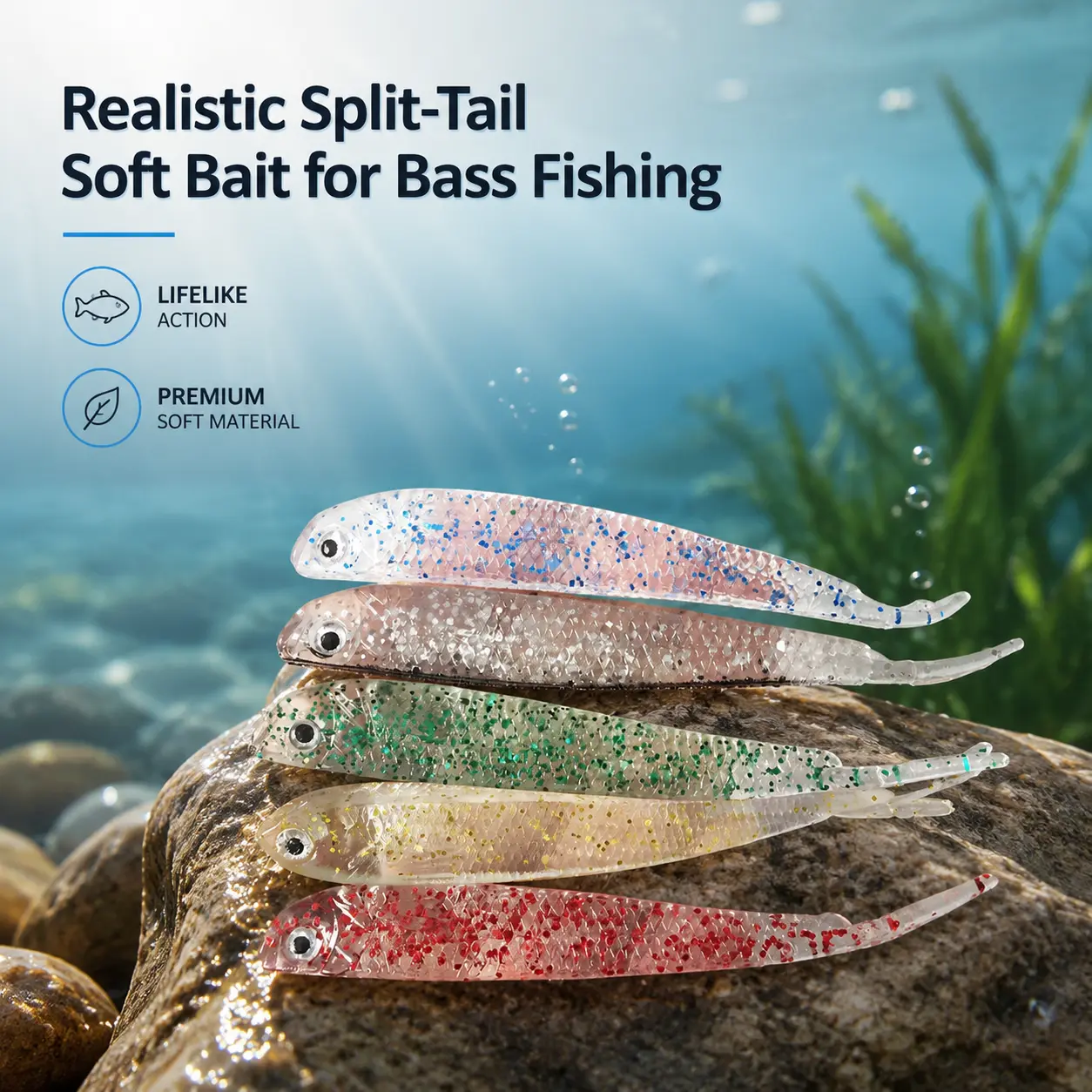 7.5 cm 2 g Realistic Soft Plastic Fishing Lure with Split Tail Design for Bass and Freshwater Angling – Lifelike Swimming Action, Durable TPE Material, Ideal for Casting and Retrieving in Lakes and Rivers