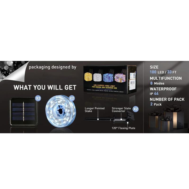 2 Pack Solar String Lights Outdoor Waterproof, Each 33FT 100 LED Outdoor, 8 Modes White Fairy Light for Outside Yard Tree Patio Garden Wedding Christmas Decorations