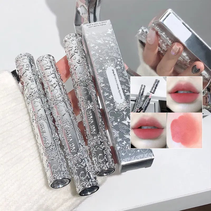 Embossed Liquid Lipstick Six Colors, Silky Velvet Smooth Matte Lip Cream in Silver Color Tube, Long-Lasting, Color Retention, Easy to Apply, Non-Drying