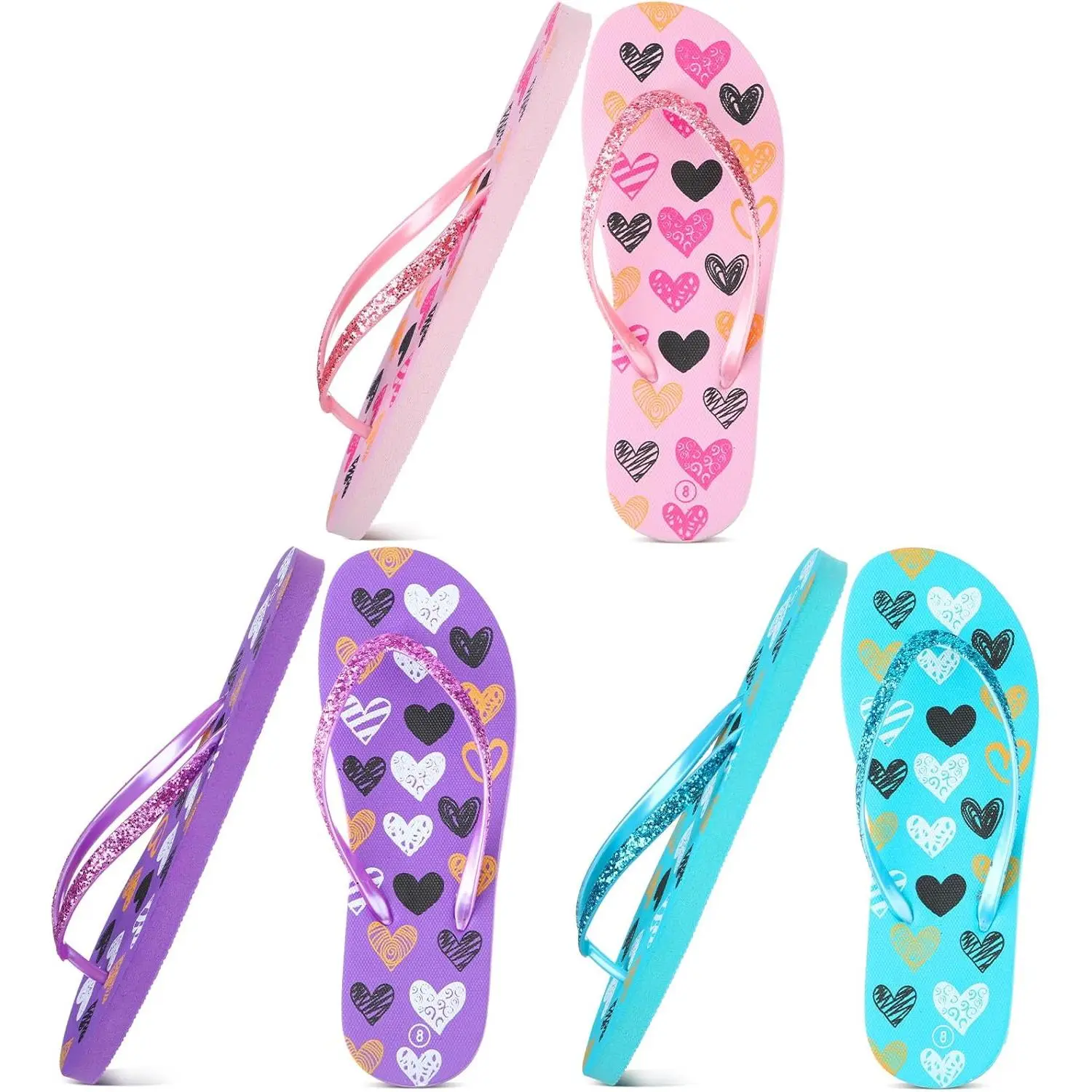 3 Pcs Summer Slim Flip Flop for Women Girls Shower Shoes Heart Pink Blue Purple Colored Flip Flop Sandals