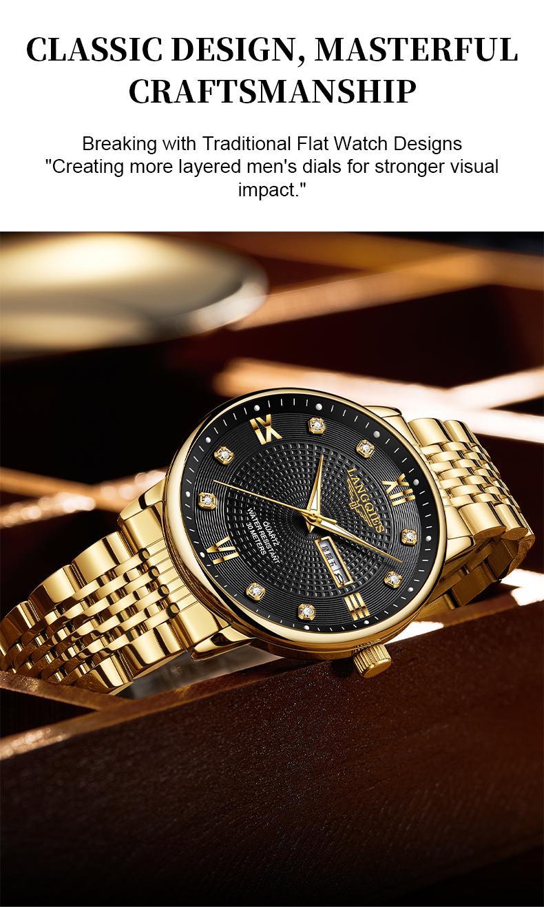 LANGQIES Elegant Multi-Function Men's Watch with Original Swiss Movement, featuring Dual Calendar, 42mm Dial, Sapphire Crystal, Stainless Steel Band, and Luminous Water-Resistant Design.