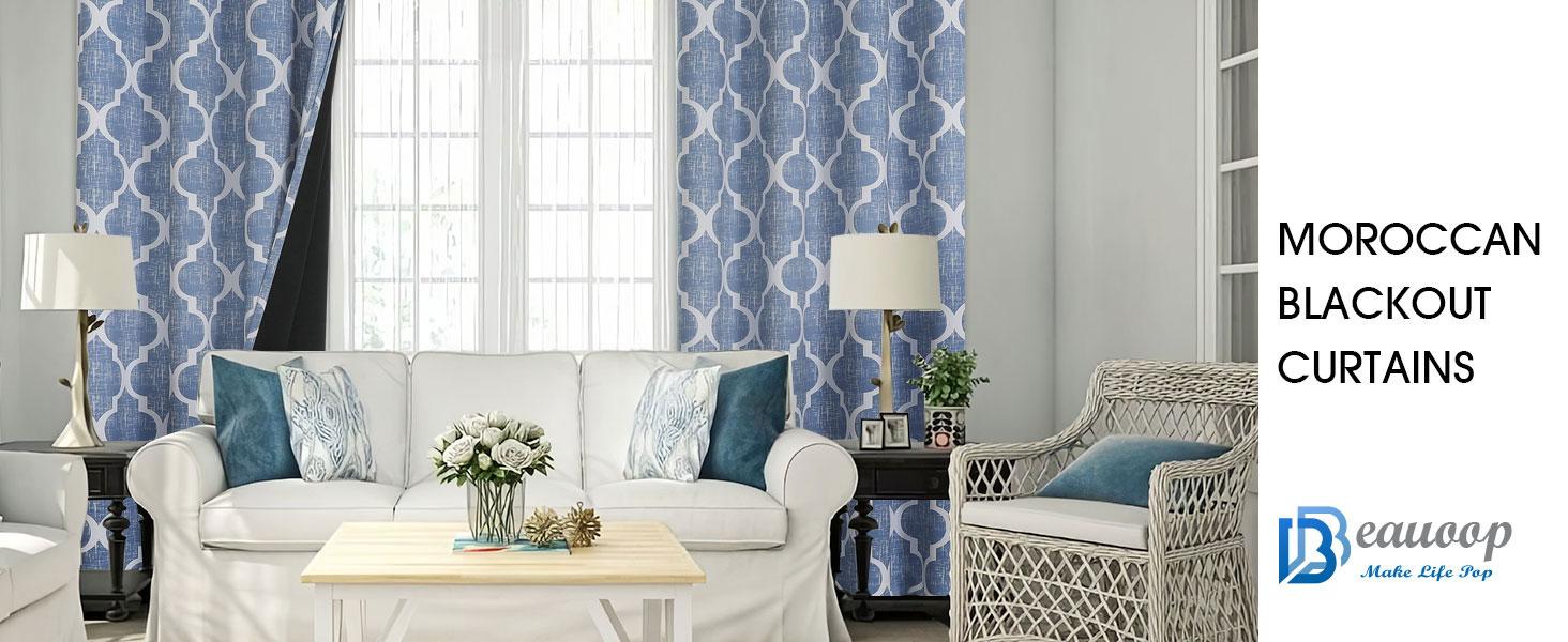 100% Blackout Curtains 96 Inches Long 2 Panels for Bedroom Living Room Blue Moroccan Geo Room Darkening Thermal Soundproof Rod Back Tab Window Treatments Drapes, 50x96