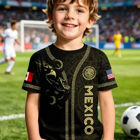 Mexico Aztec Eagle Kids T-Shirt, Mexico-USA Dual Flag Pattern, Graphic Print Shirt, Boys' Casual Slim-Fit Short Sleeve Soccer Tee, Authentic Youth Tee, Graphic Printed Shirt