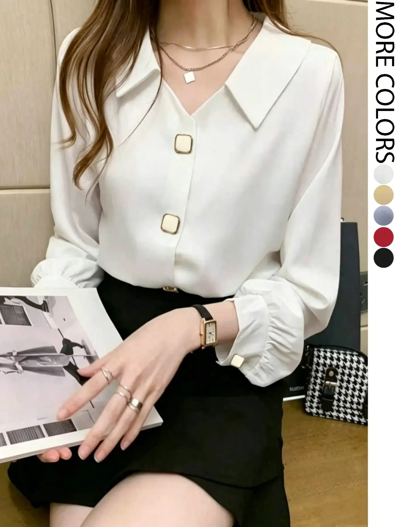 Fashion Blouse V-Neck Design, Square Buttons, Long Sleeve, Elegant Slim Fit, Spring & Fall Wear, Perfect for Commute and Outing, Shirts