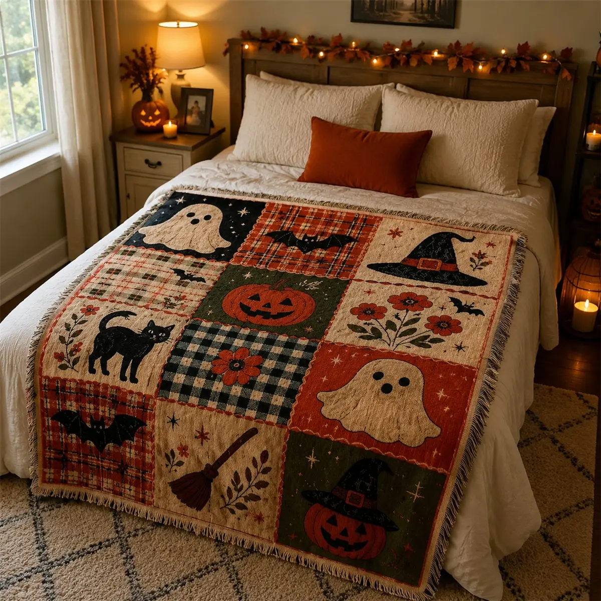 Multi-Function Tassel Woven Blanket Halloween Grid Pattern Bed Blanket, Cozy Throw Blankets, Also for Sofa Cover Couch Throw Armchair Home Decor Tablecloth Outdoor Picnic Camping Beach Towel