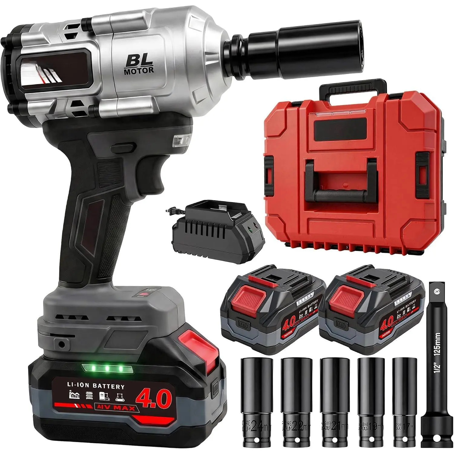 Cordless  Wrench, 21V 1/2" Brushless High Torque   | 1000N.m (737Ft-lbs) Breakaway Torque, 2x4.0Ah , Auto Stop, LED Light, 3 Modes & 5 Sockets for , RV & Heavy Duty