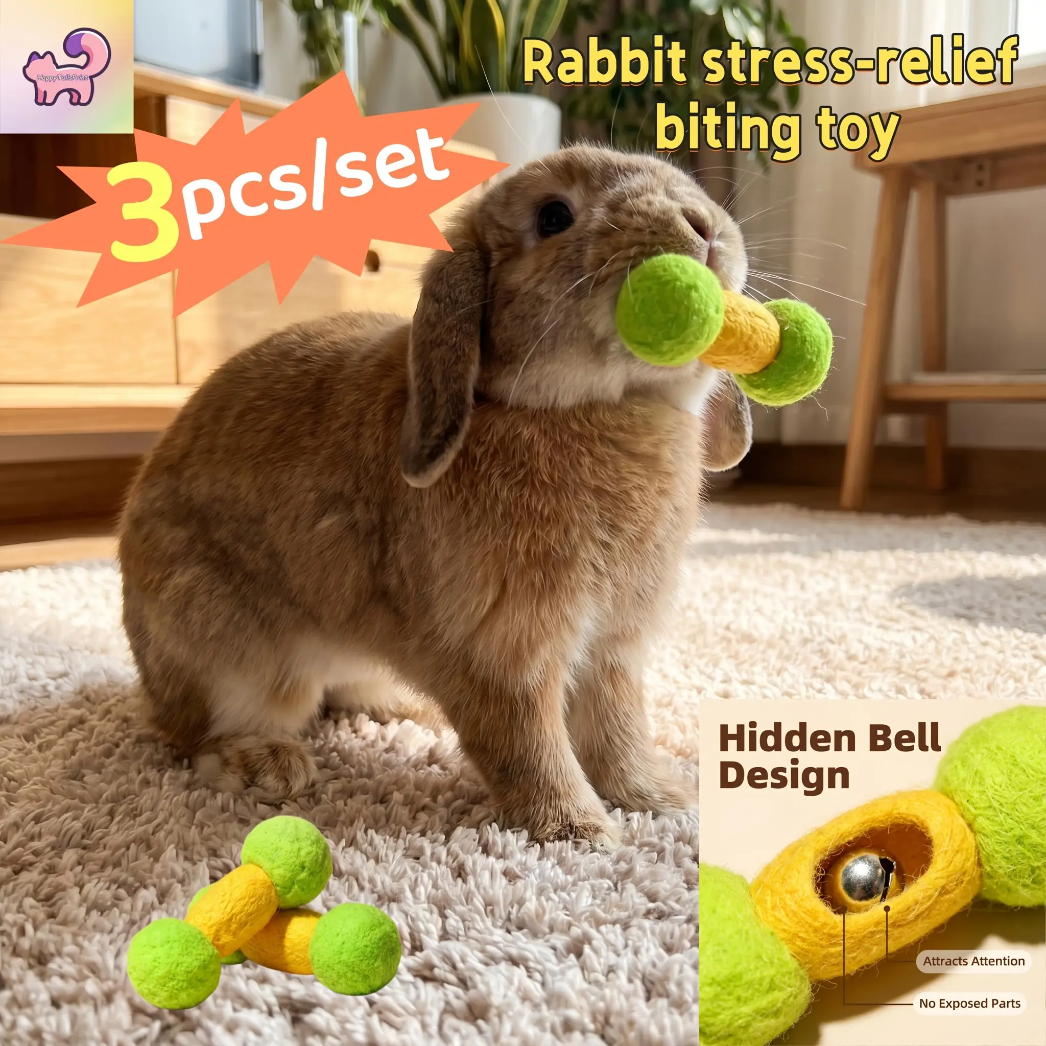 3 or 5 pieces Cute dumbbell-shaped felt pet toys, rabbit supplies, shipped in random colors, built with bells to make sounds when tossed and bitten, perfect self-play boredom relief toys for rabbits and small animals to release extra energy