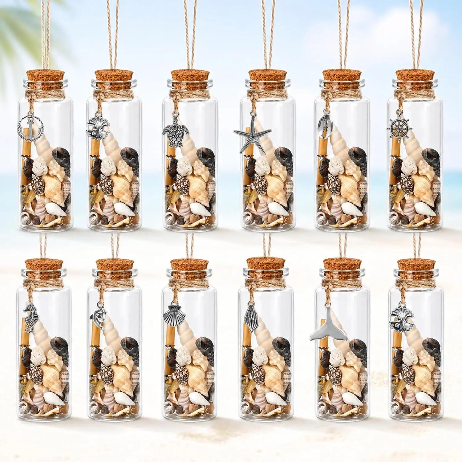 12 count Coastal Beach Glass Bottle Ornaments with Seashells & Message Scrolls, Nautical  Decor for Beach House,  Theme Party, Wedding Favors, Coastal  Decor, Christmas Tree Decoration
