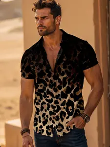 Men's sexy leopard print shirt, gradient leopard print design, machine washable summer Casual button-down short-sleeved shirt.