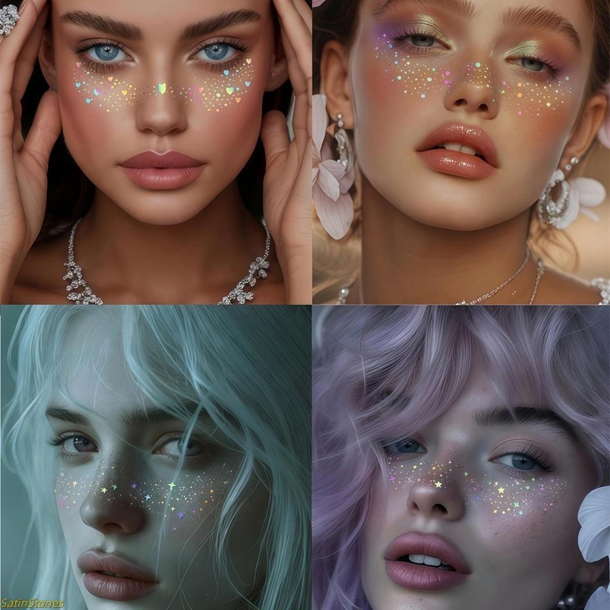 6 Pack Glitter Freckle Stickers, Rainbow Heart Star Pattern Waterproof Temporary Tattoo Decals for Party Holidays Daily Makeup Decoration, Glitter Tattoo