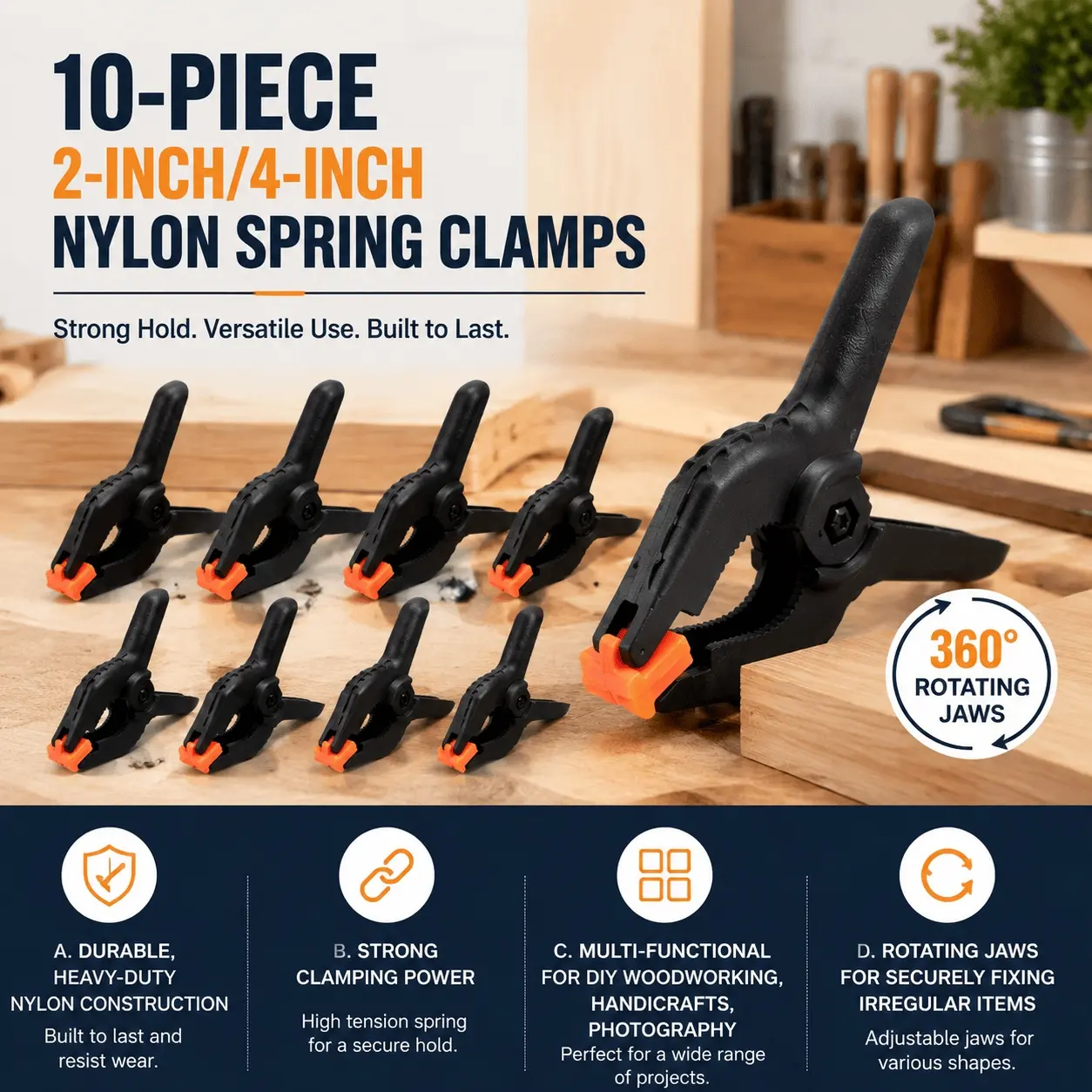 10-Pack Spring Clamps 2/4 Inch Dual-Use Tool, Anti-Rust High-Strength Plastic with Quick Release Lock, Non-Slip Handle for Multi-Angle Adjusting, DIY Woodworking Craft Sewing Fabric Industrial Fixing Kit