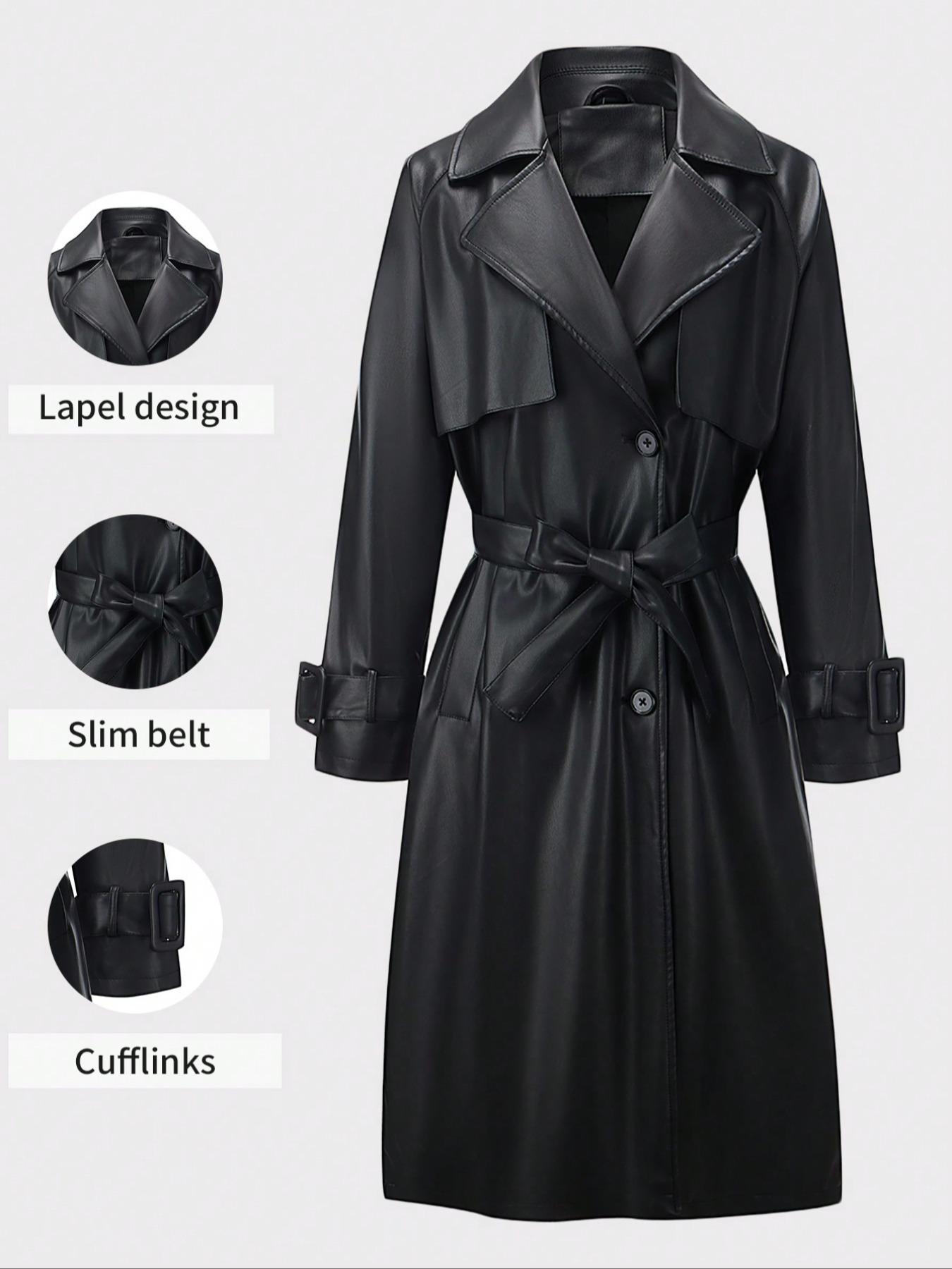 Women's Spring British Style PU Long Jacket, Casual Fitted Windbreaker, Lightweight Elegant Commuter Coat, Includes Waistband