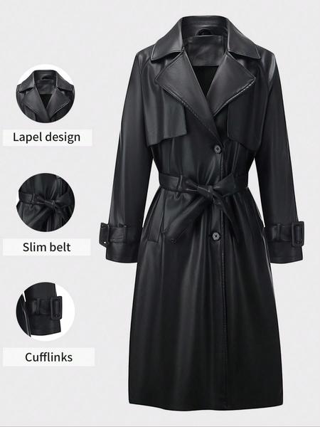 Women's Spring British Style PU Long Jacket, Casual Fitted Windbreaker, Lightweight Elegant Commuter Coat, Includes Waistband