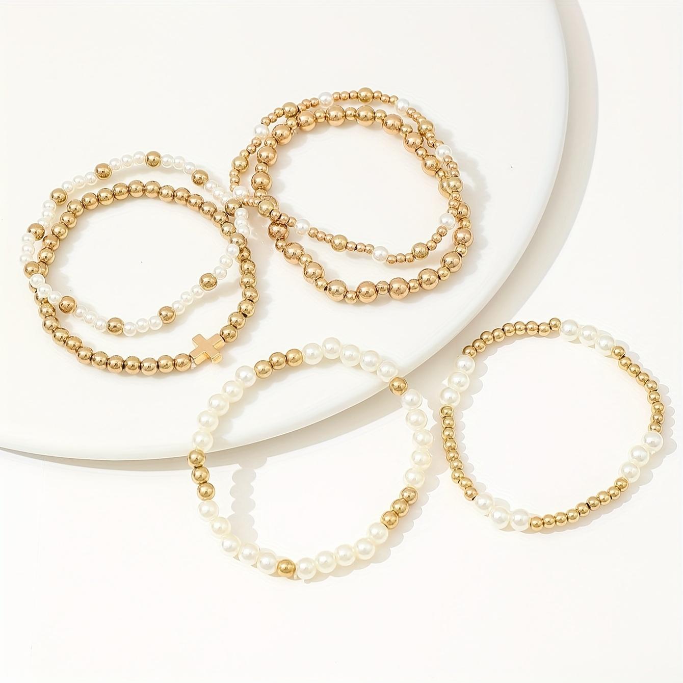 6PCS Elegant Women Imitation Pearl Handmade Bead Bracelet Set Bohemian Elastic CCB Golden Beads Multi-layer Bracelet Vintage Cross Stackable Chain Set