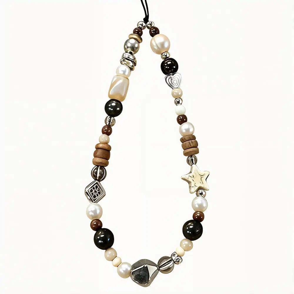 Brown Beaded Phone Charm Wrist Strap  Heart  Phone Chain Wristlet Short Camera Charm Strap Cute Beaded Wristlet  Cellphone Charms Aesthetic Cellphone Wrist Lanyard for Women