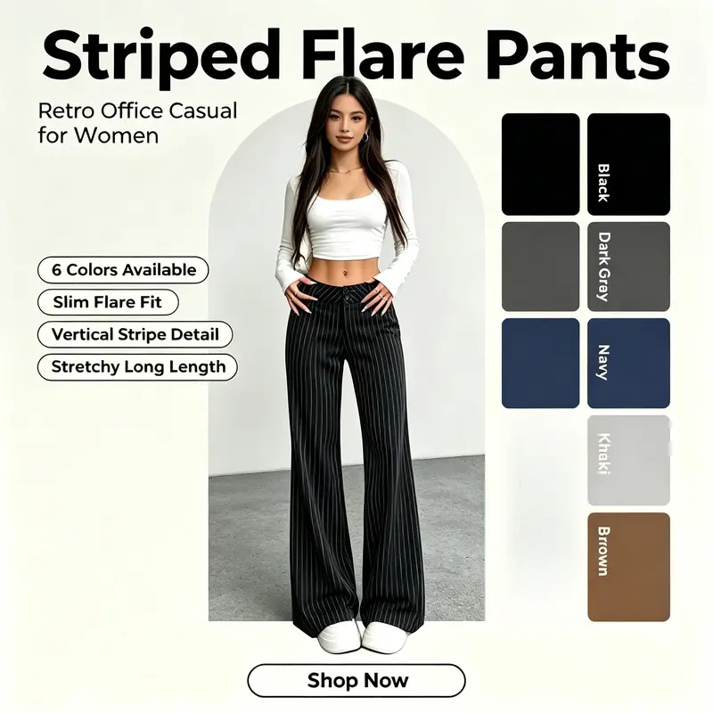 Women's Vertical Striped Mid-Rise Flare Long Pants - Smooth, Elegant Non-Stretch Polyester Slim-Fit Button-Front Bottoms for Spring Summer Casual Office Work Wear, Easy Matching Crop-Ready Trousers