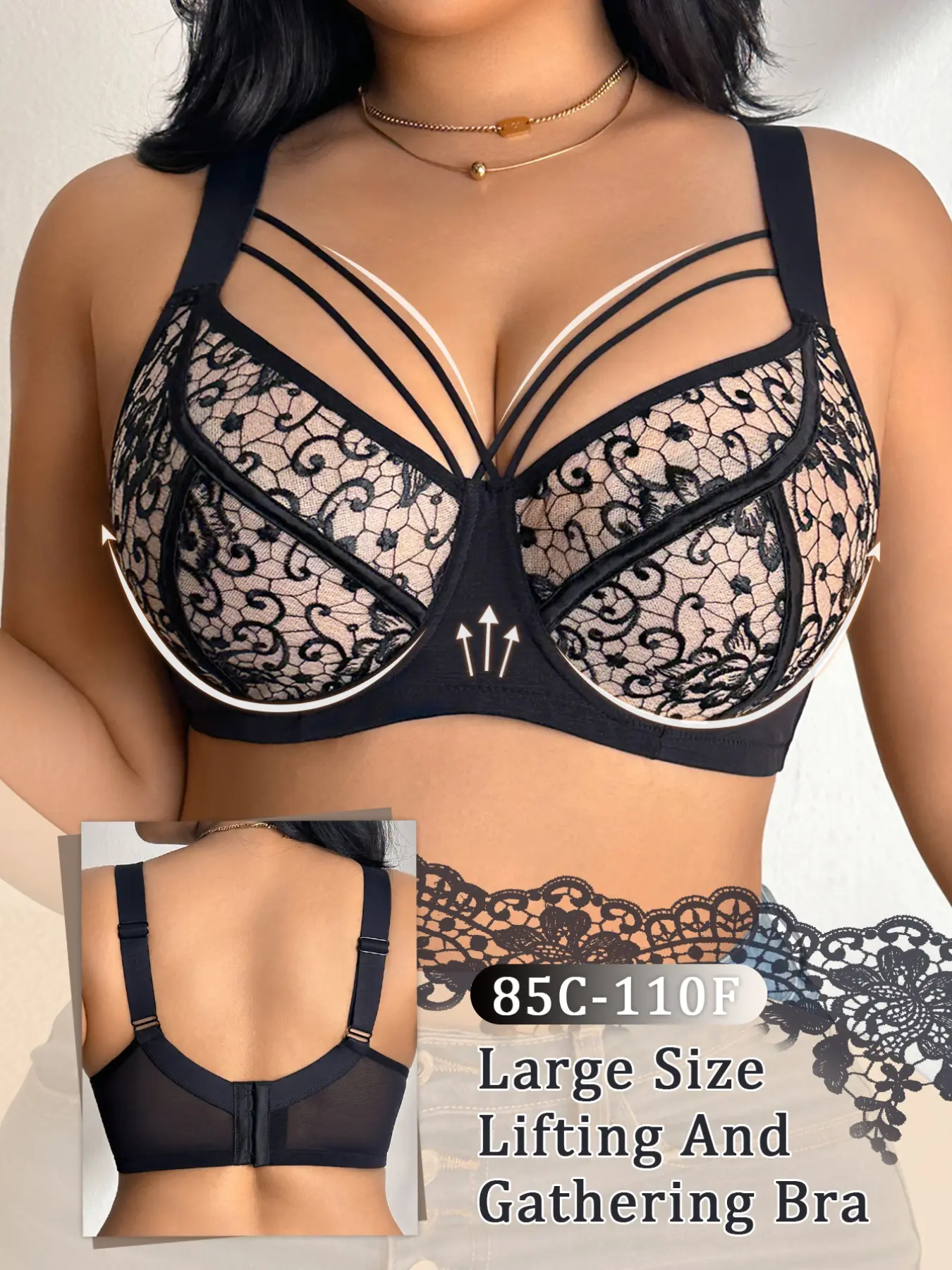 Women Plus Size Crisscross Lace Underwire Bra, Wide Adjustable Straps, Lift & Side Support Anti-Sagging, Underwear For Leather Jackets & Formal Dresses