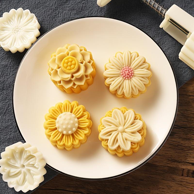 Four-in-one DIY Mooncake Cookie Mold Set (with flower-shaped stamps) -- Plastic hand-pressed mung bean cake baking mold, Mid-Autumn Festival pastry mold, Chinese-style mooncake DIY baking tool