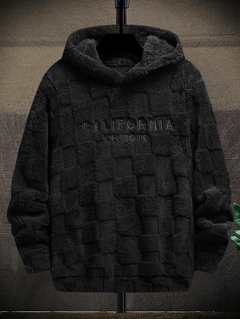 Men's Letter Embroidery Drop Shoulder Fuzzy Hoodie, Regular Fit Casual Fashion Fabric Long Sleeve Hooded Sweatshirt for Spring & Fall, Mens Clothing, Fashion Men's Longsleeves Clothes for Daily Wear, Streetwear, Trendy Clothes