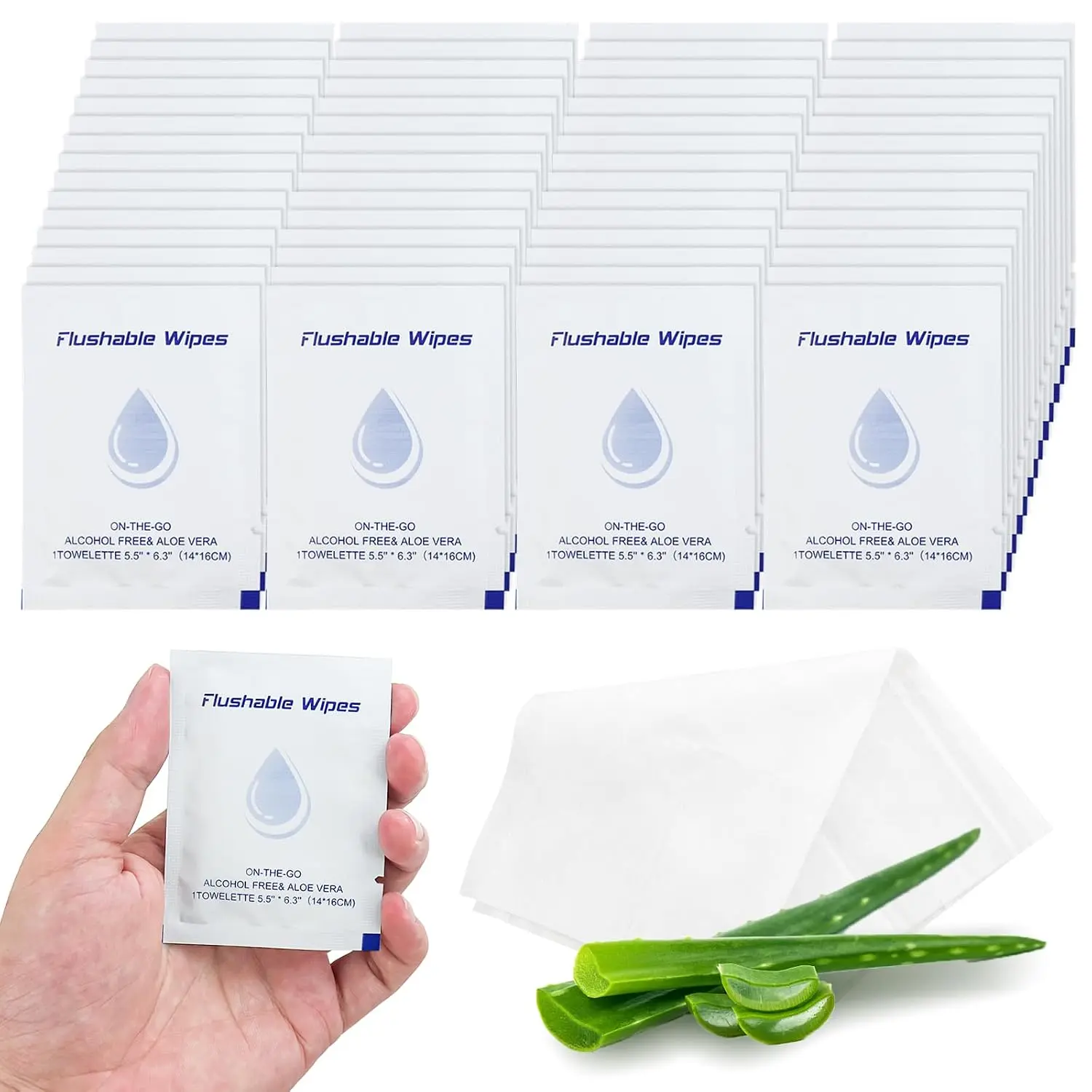 50 Flushable Wipes Travel Size Individually Wrapped for Women and Men | Unscented Wet Wipes Travel Size with Aloe Vera,Pure Water, Free for Adult,Women,Men,Girl and Homeless(White)