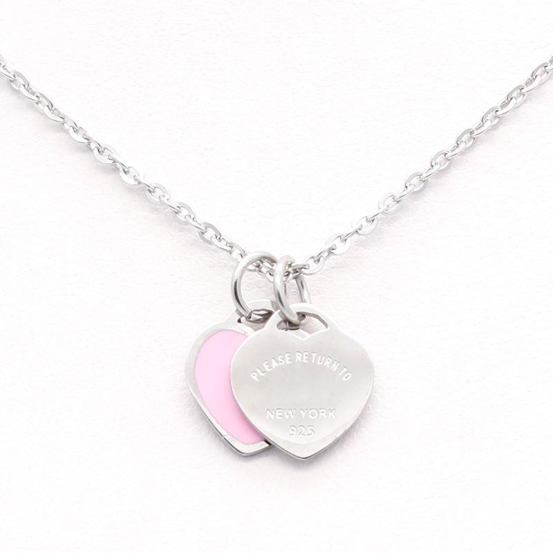 New luxury enamel pink double heart necklace, 18k gold titanium steel, versatile new style