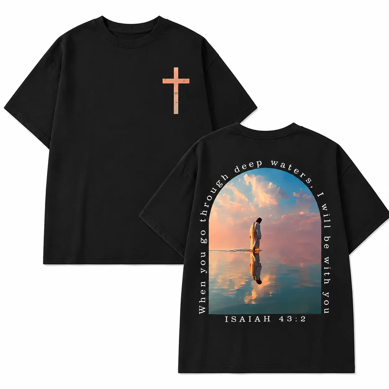 Unisex Cross & Isaiah 43:2 Bible Verse Double-Sided Print Round Neck Short-Sleeve T-Shirt, Retro Streetwear Casual Summer Sports Top