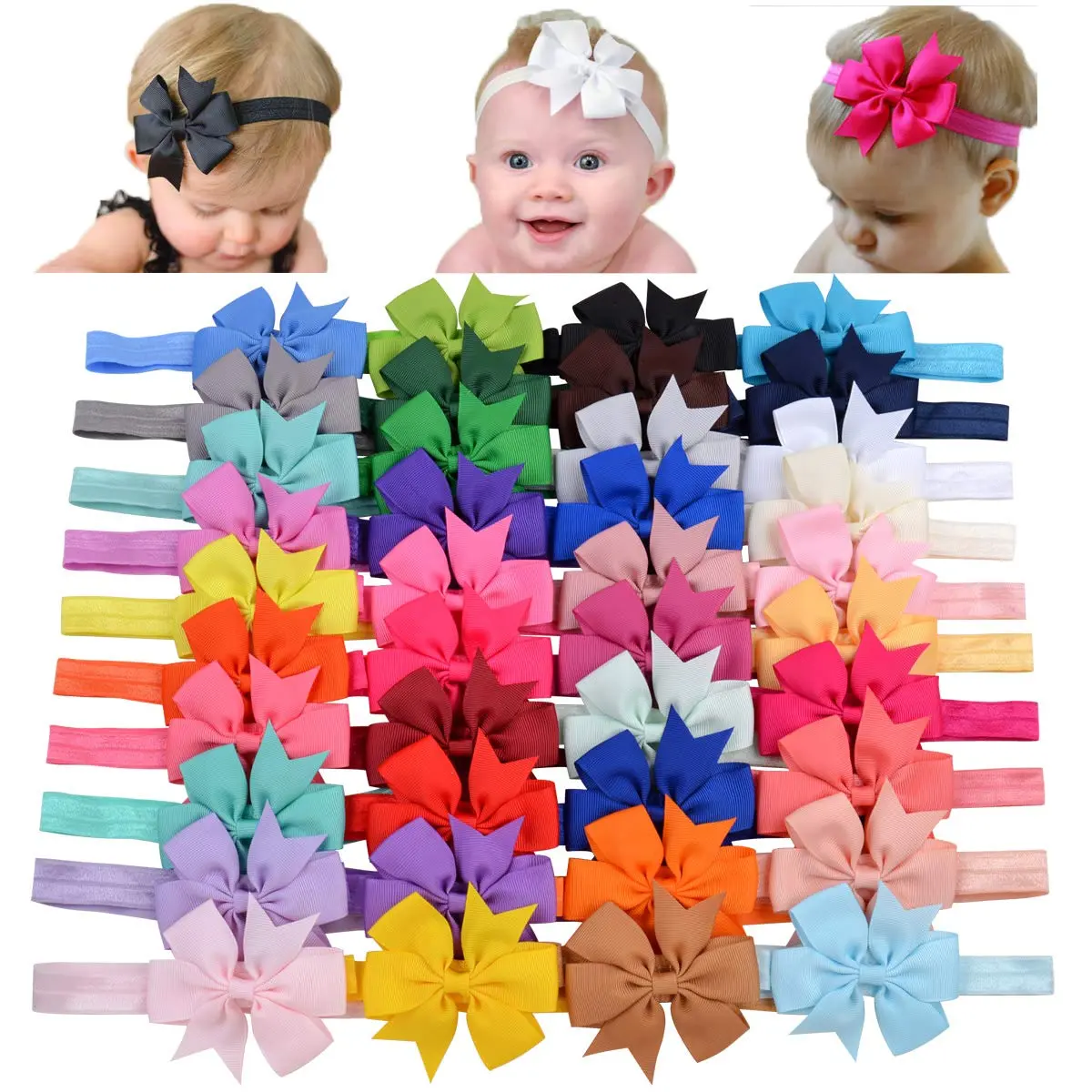 40pcs Baby Girls Grosgrain Ribbon Hair Bows Headbands 3" Hair Band Hair Accessories for Infants Newborn Toddler