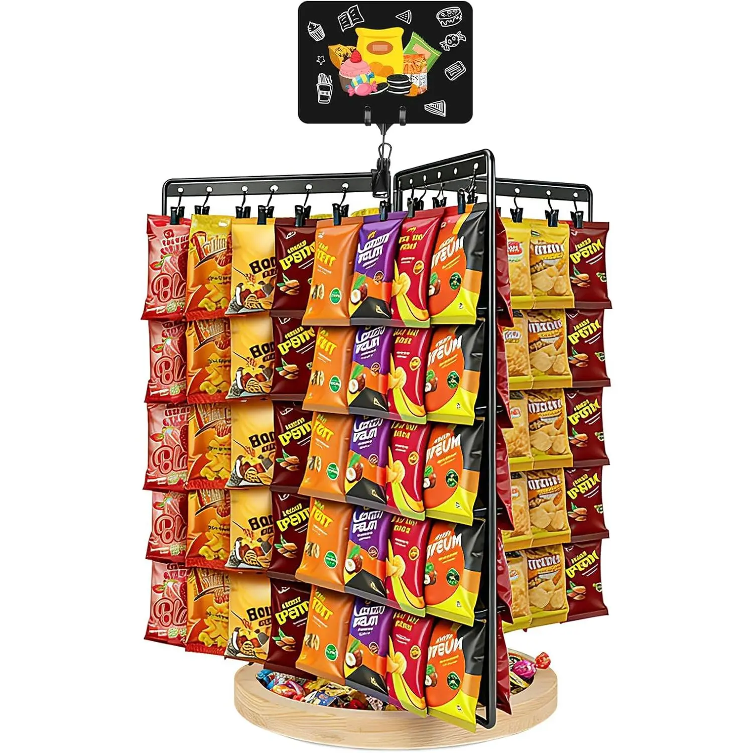 Chip Rack Display Stand, 6-Side 5-Tiers Chip Holder Display with 80 Adjustable Clips, Wooden Base Countertop Snack Organizer for Concession Stand, Parties - With Message Board & Pen