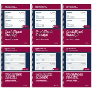 6 Pack Receipt Books, 7-5/8" x 10-7/8" Spiral Bound Receipt Book with Carbon Copies, 3-Part Carbonless, 100 Sets Per Book for Office Rent and Cash Transaction