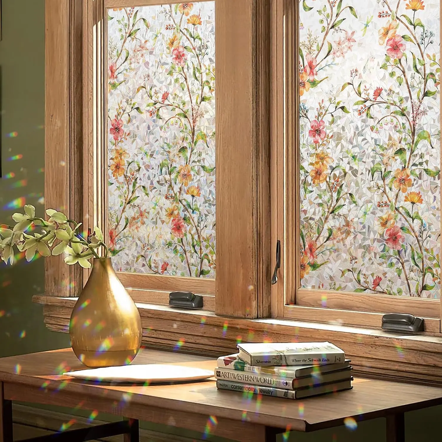 Window  Film Floral Rainbow Decorative Stickers,  Static Stained Glass Cling, Removable Cover for  Heat Control Anti-UV,  Sunroof Vinyl  Non-Adhesive, 17.5'' x 78.7''