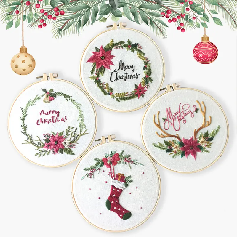 Christmas Cross Stitch Embroidery Kit, DIY Hand Stitching Set for Beginners with Fabric, All-Seasons Craft Supply