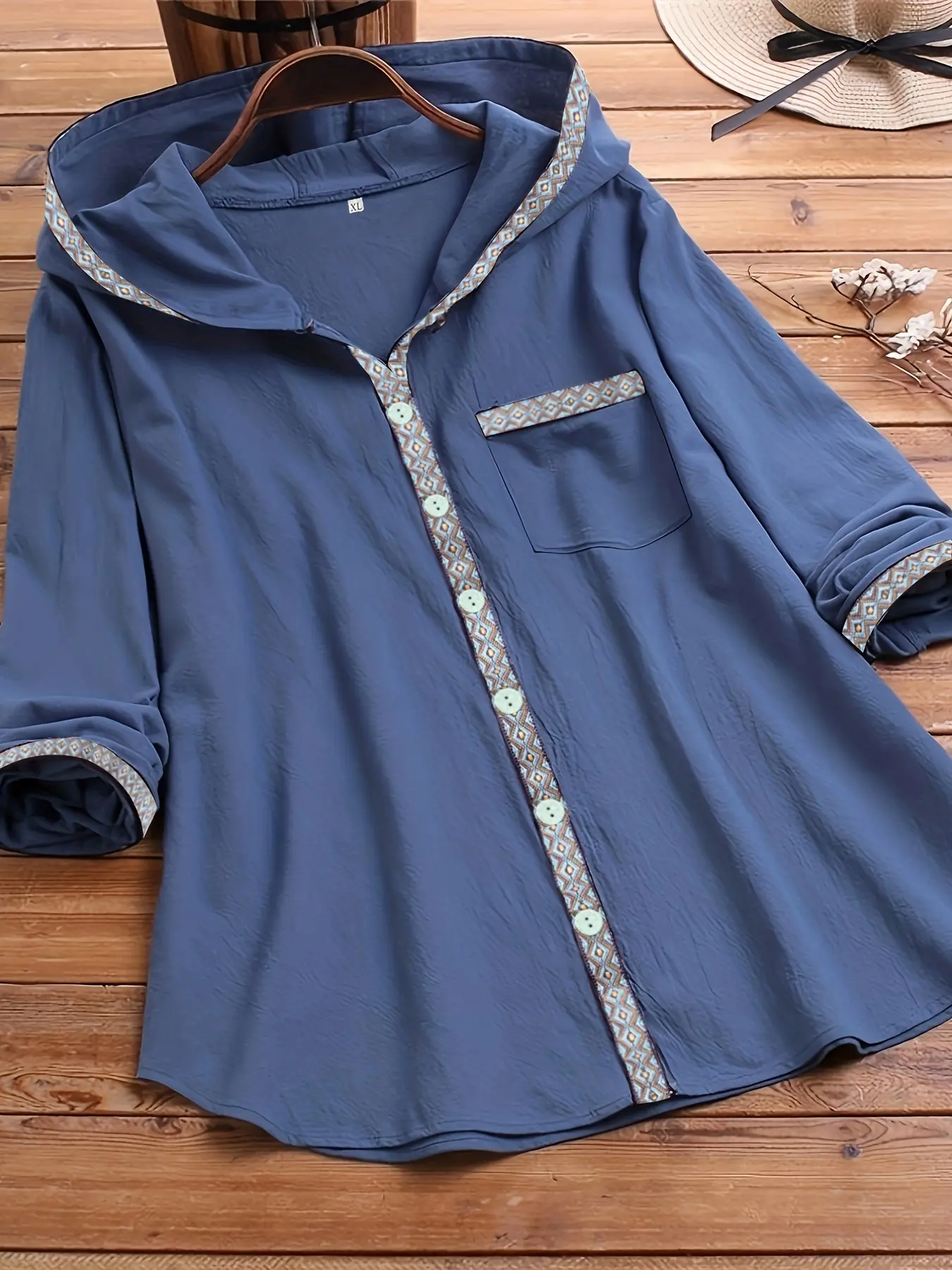 Women's Vintage Patchwork Long Sleeve Hoodie, Round Hem, Casual Fashion Top, Comfortable Fit, Perfect for Daily Wear