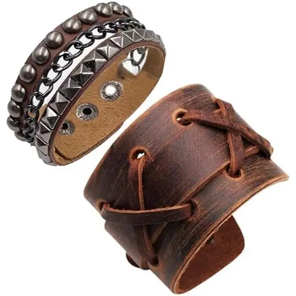 Punk Brown Leather Cuff Bracelet, 2 count  Braided Leather Wristband With Chain, Adjustable Wristband Bracelet
