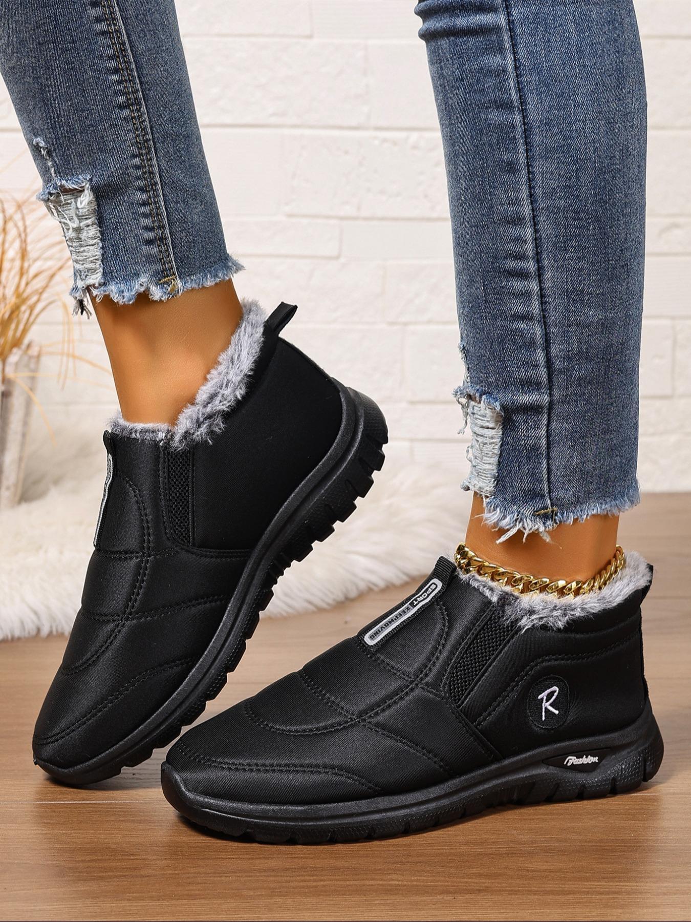 Women's Waterproof Solid Plush Lined Short Boots, Casual Warm Boots, Slip-On Soft Sole Non-Slip Winter Booties for Outdoor & Indoor Comfort, Lightweight Warm Slip-Ons