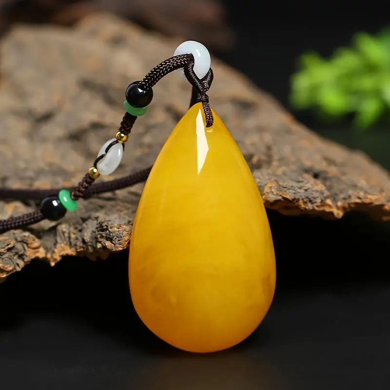 Ethnic Style Second-Generation Amber Wax Chicken Yellow Teardrop Pendant Necklace Vintage Women's Long Sweater Chain Unisex Accessory